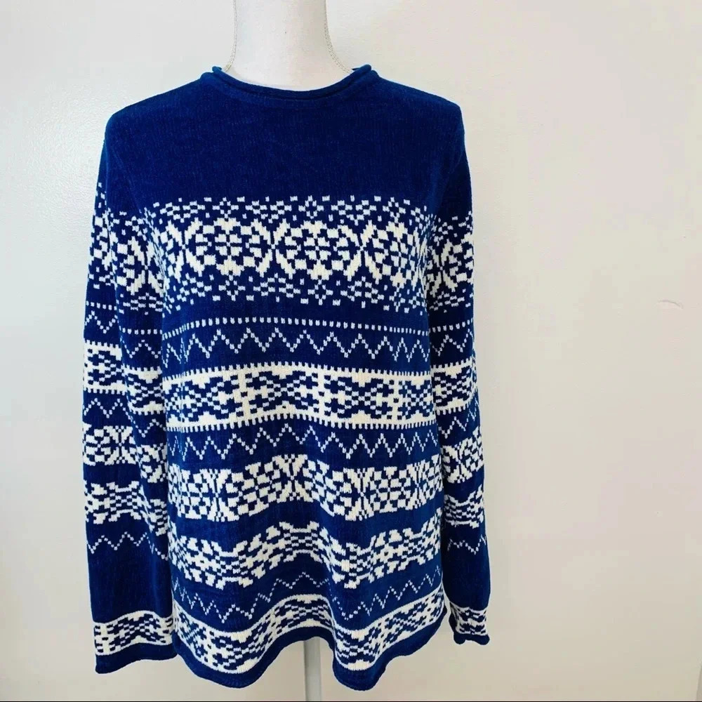 Karen Scott Fair Isle ‎ Sweater Woman Medium Blue Crew Neck Long  Sleeve 90s Ski